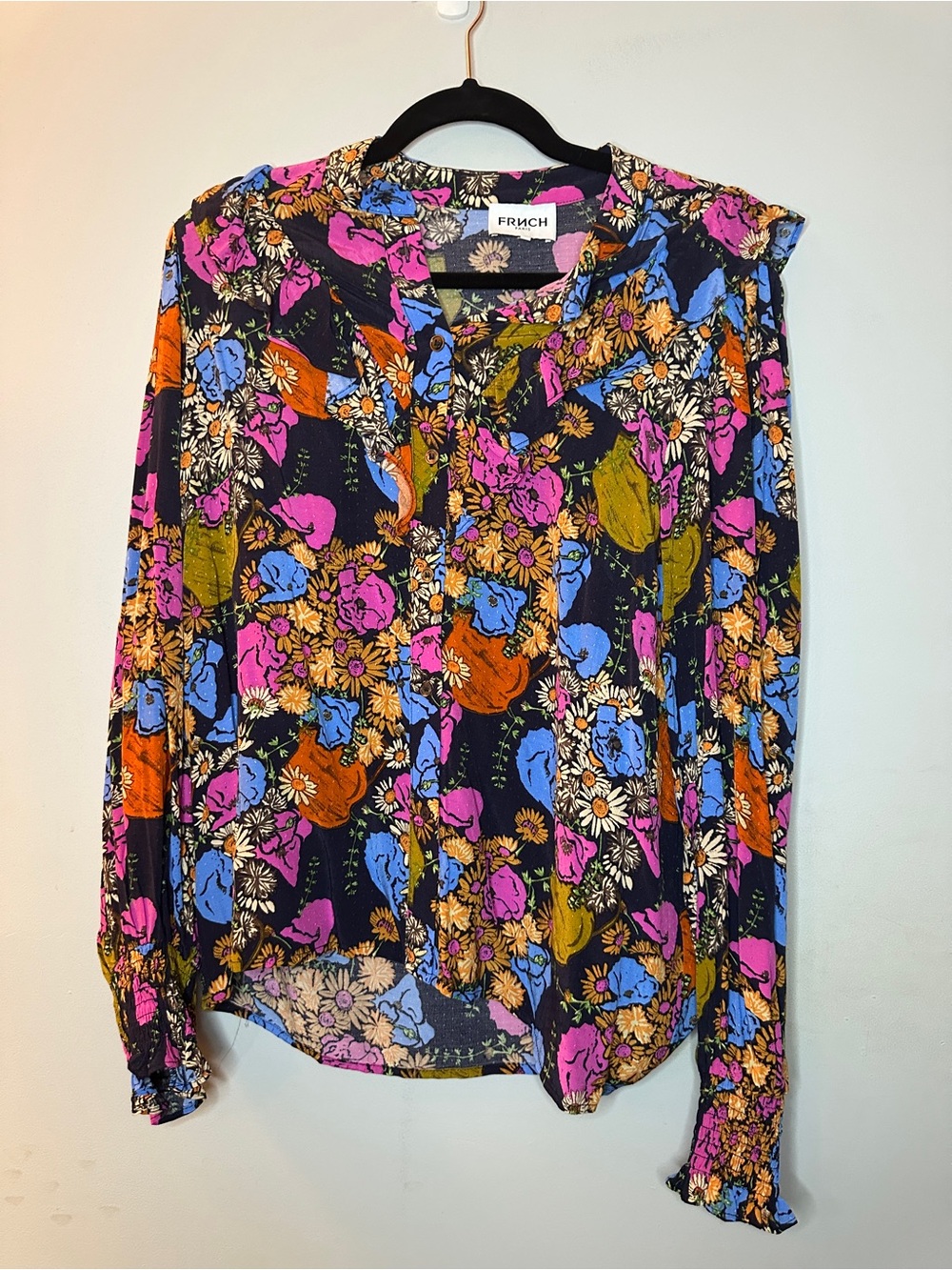 FRNCH Black Floral Button-Up Blouse with Pink, Blue, Orange & Green Accents